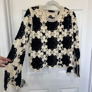 RD Style Black Cream Floral Crochet Knit Sweater Long Sleeve XS Cottagecore